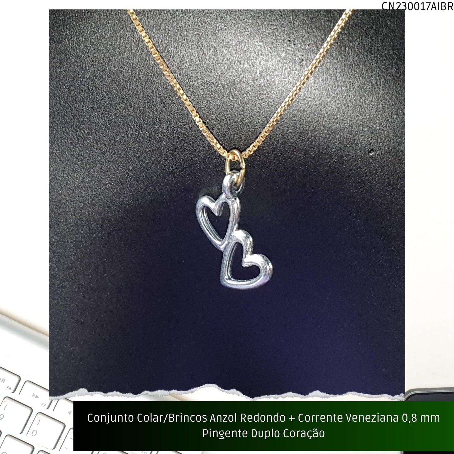 Conjunto Colar/Brincos Anzol Redondo + Corrente Veneziana 0.8 mm Pingente Duplo Coração  - Código.: CN230017AIBR  - Peso.: 5.0 gr