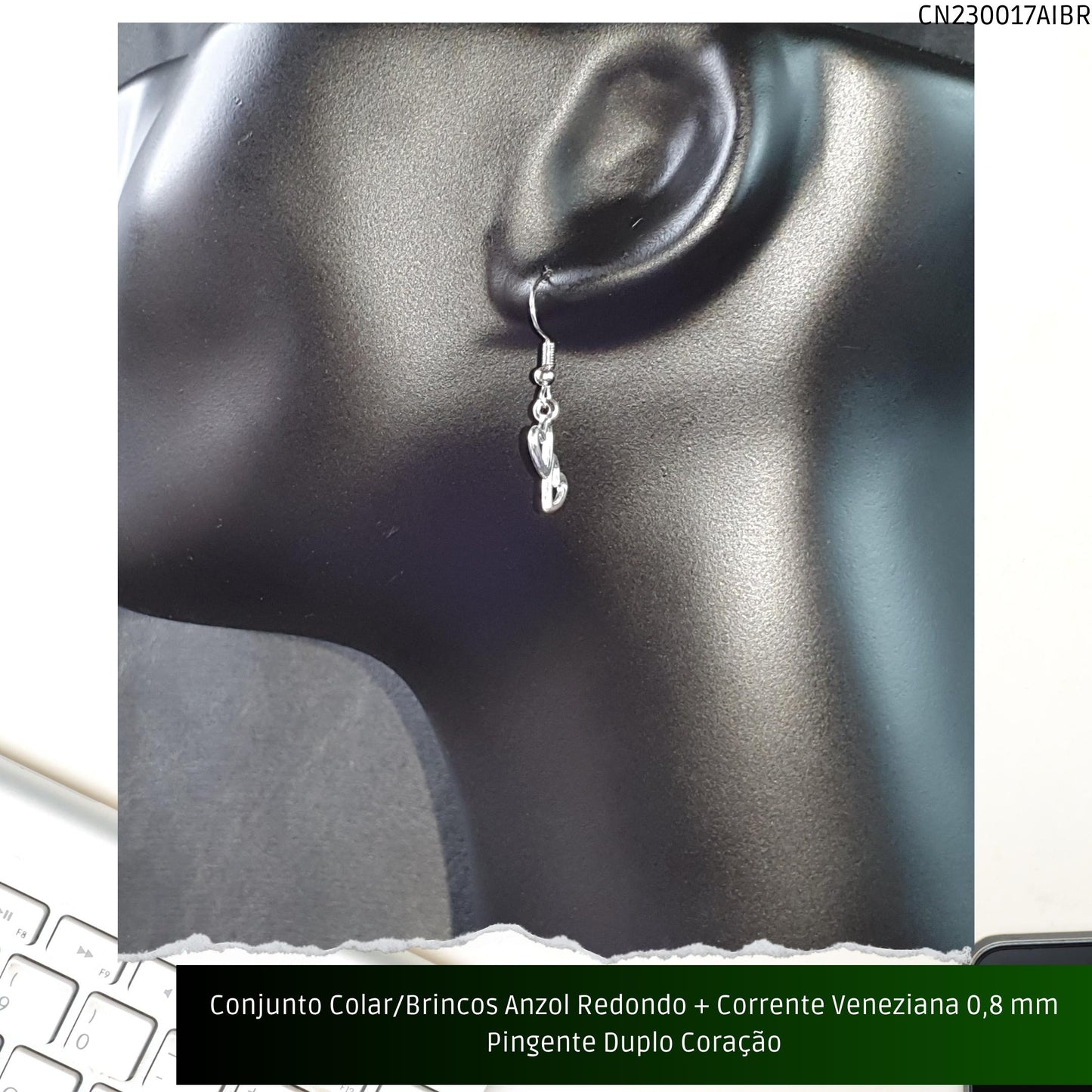 Conjunto Colar/Brincos Anzol Redondo + Corrente Veneziana 0.8 mm Pingente Duplo Coração  - Código.: CN230017AIBR  - Peso.: 5.0 gr
