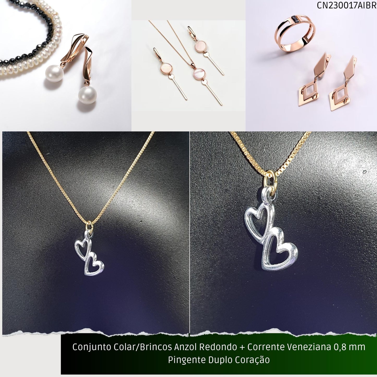 Conjunto Colar/Brincos Anzol Redondo + Corrente Veneziana 0.8 mm Pingente Duplo Coração  - Código.: CN230017AIBR  - Peso.: 5.0 gr