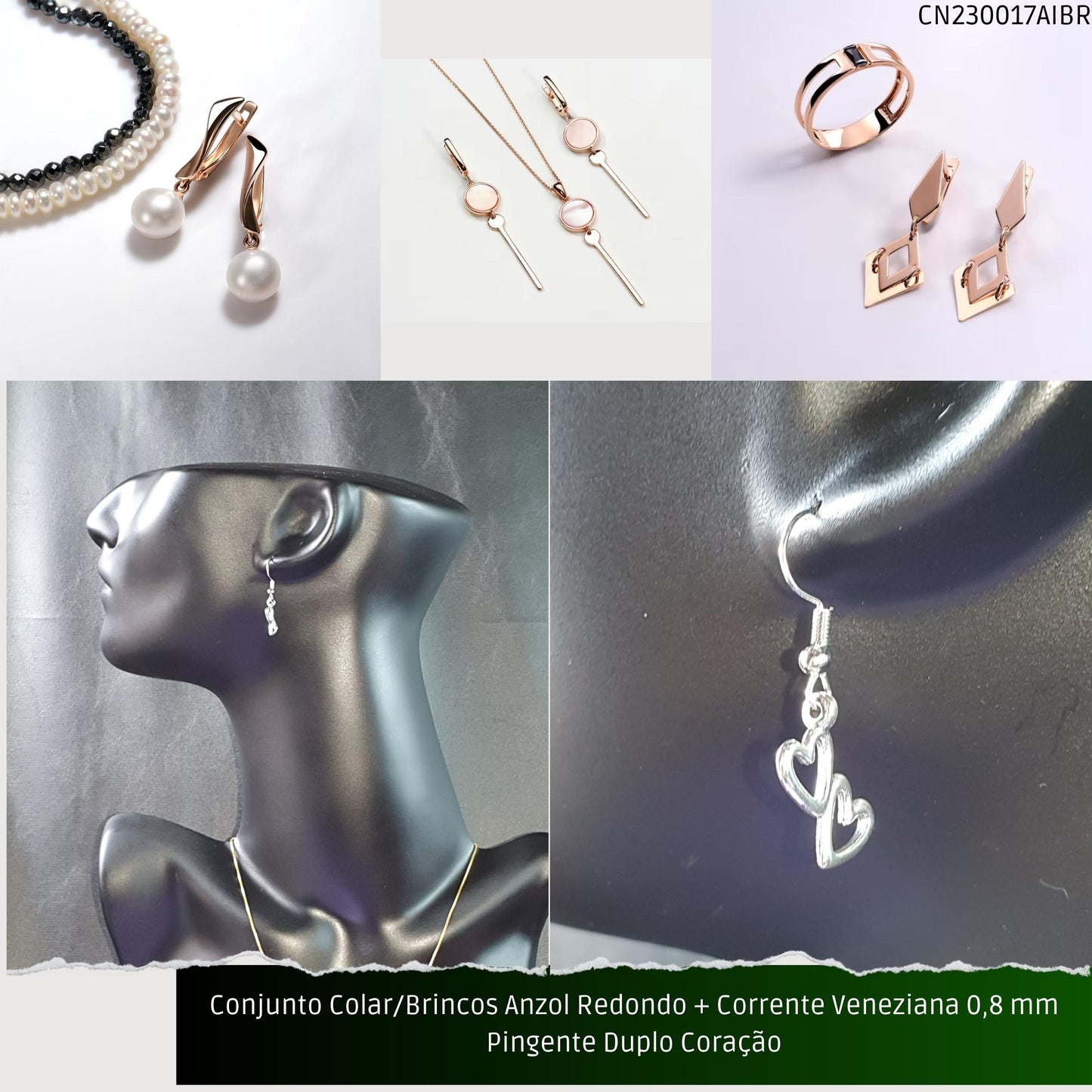 Conjunto Colar/Brincos Anzol Redondo + Corrente Veneziana 0.8 mm Pingente Duplo Coração  - Código.: CN230017AIBR  - Peso.: 5.0 gr