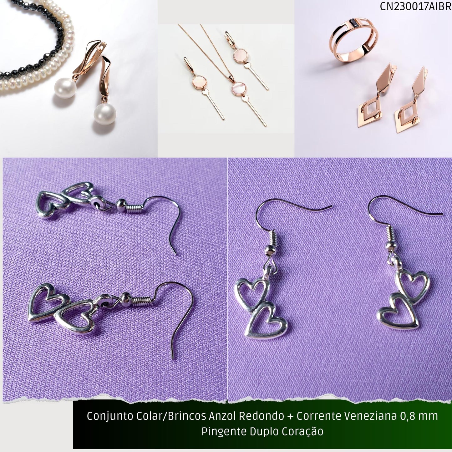 Conjunto Colar/Brincos Anzol Redondo + Corrente Veneziana 0.8 mm Pingente Duplo Coração  - Código.: CN230017AIBR  - Peso.: 5.0 gr