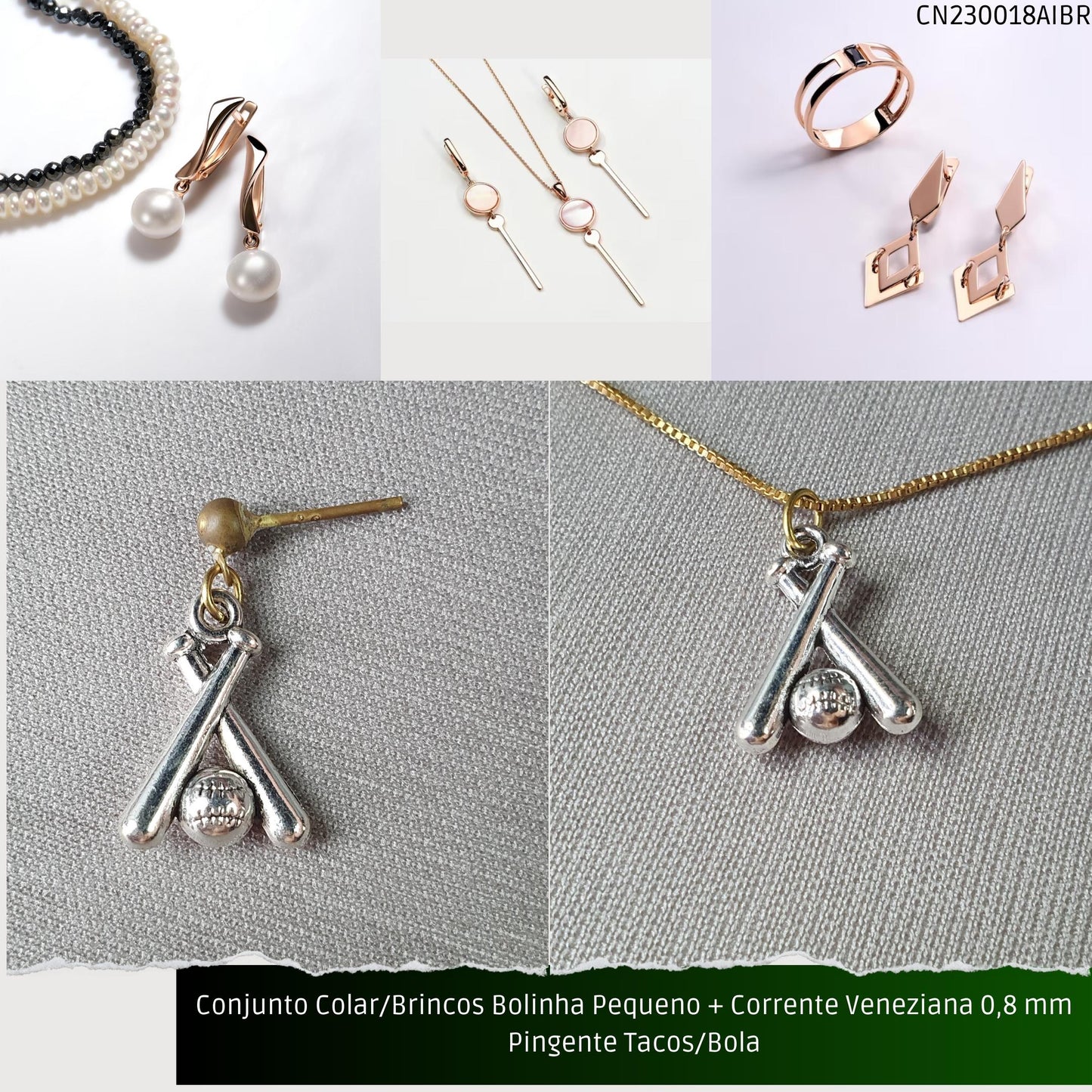 Conjunto Colar/Brincos Bolinha Pequeno + Corrente Veneziana 0.8 mm Pingente Tacos/Bola  - Código.: CN230018AIBR  - Peso.: 8.0 gr