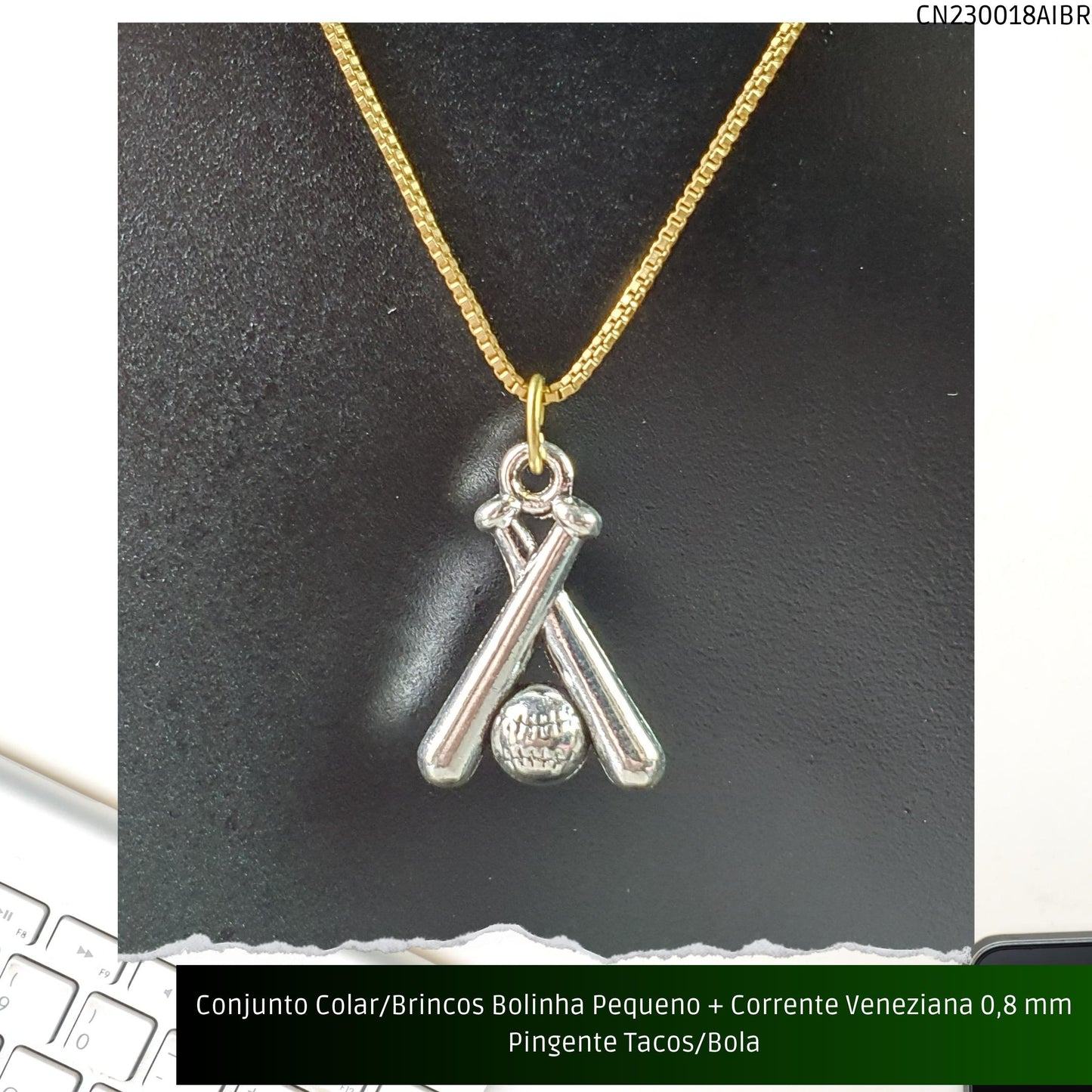 Conjunto Colar/Brincos Bolinha Pequeno + Corrente Veneziana 0.8 mm Pingente Tacos/Bola  - Código.: CN230018AIBR  - Peso.: 8.0 gr