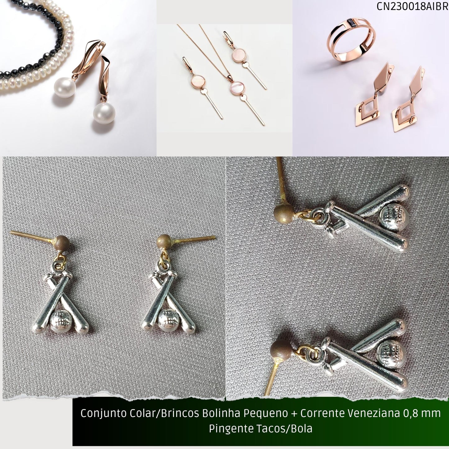 Conjunto Colar/Brincos Bolinha Pequeno + Corrente Veneziana 0.8 mm Pingente Tacos/Bola  - Código.: CN230018AIBR  - Peso.: 8.0 gr