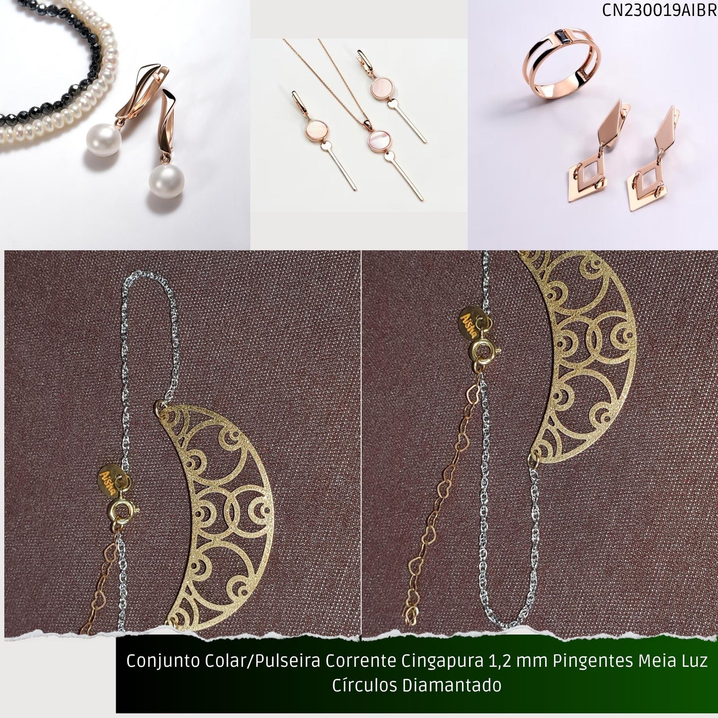 Conjunto Colar/Pulseira Corrente Singapura 1.2 mm Pingentes Meia Luz Círculos Diamantado  - Código.: CN230019AIBR  - Peso.: 6.0 gr