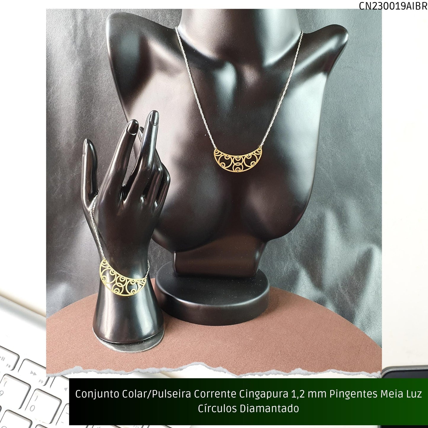 Conjunto Colar/Pulseira Corrente Singapura 1.2 mm Pingentes Meia Luz Círculos Diamantado  - Código.: CN230019AIBR  - Peso.: 6.0 gr