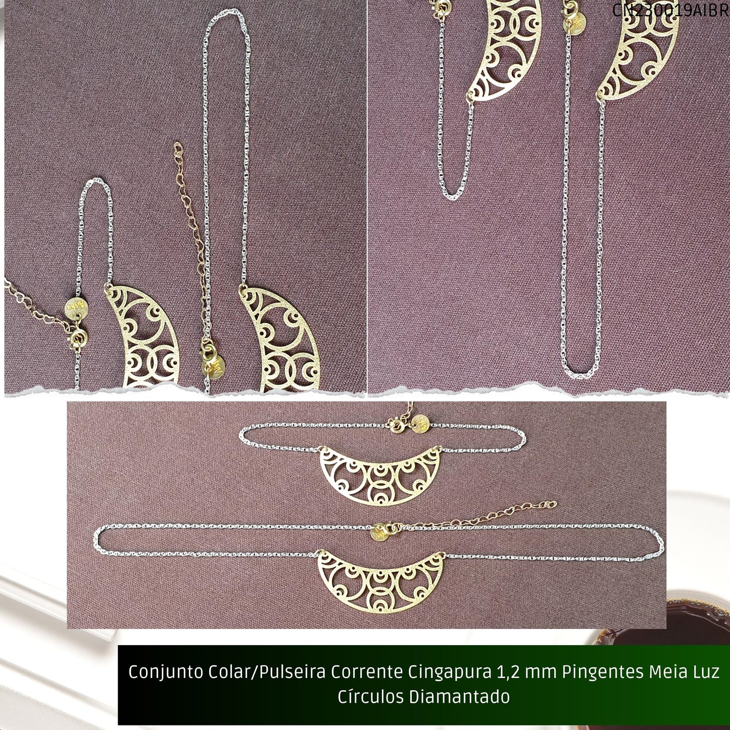 Conjunto Colar/Pulseira 2 Linhas Correntes Rabo Peixe + Rabo Rato 2.8 mm Sem Pingente  - Código.: CN230020AIBR  - Peso.: 22.1 gr