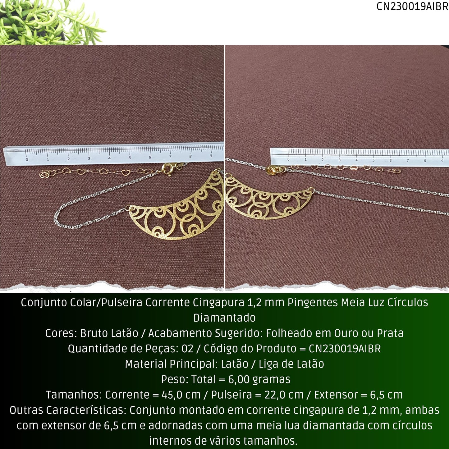 Conjunto Colar/Pulseira 2 Linhas Correntes Rabo Peixe + Rabo Rato 2.8 mm Sem Pingente  - Código.: CN230020AIBR  - Peso.: 22.1 gr