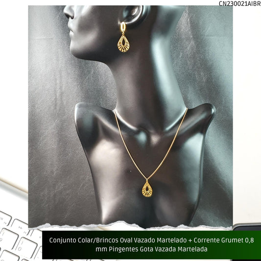 Conjunto Colar/Brincos Oval Vazado Martelado + Corrente Grumet 0.8 mm Pingentes Gota Vazada Martelada  - Código.: CN230021AIBR  - Peso.: 4.3 gr