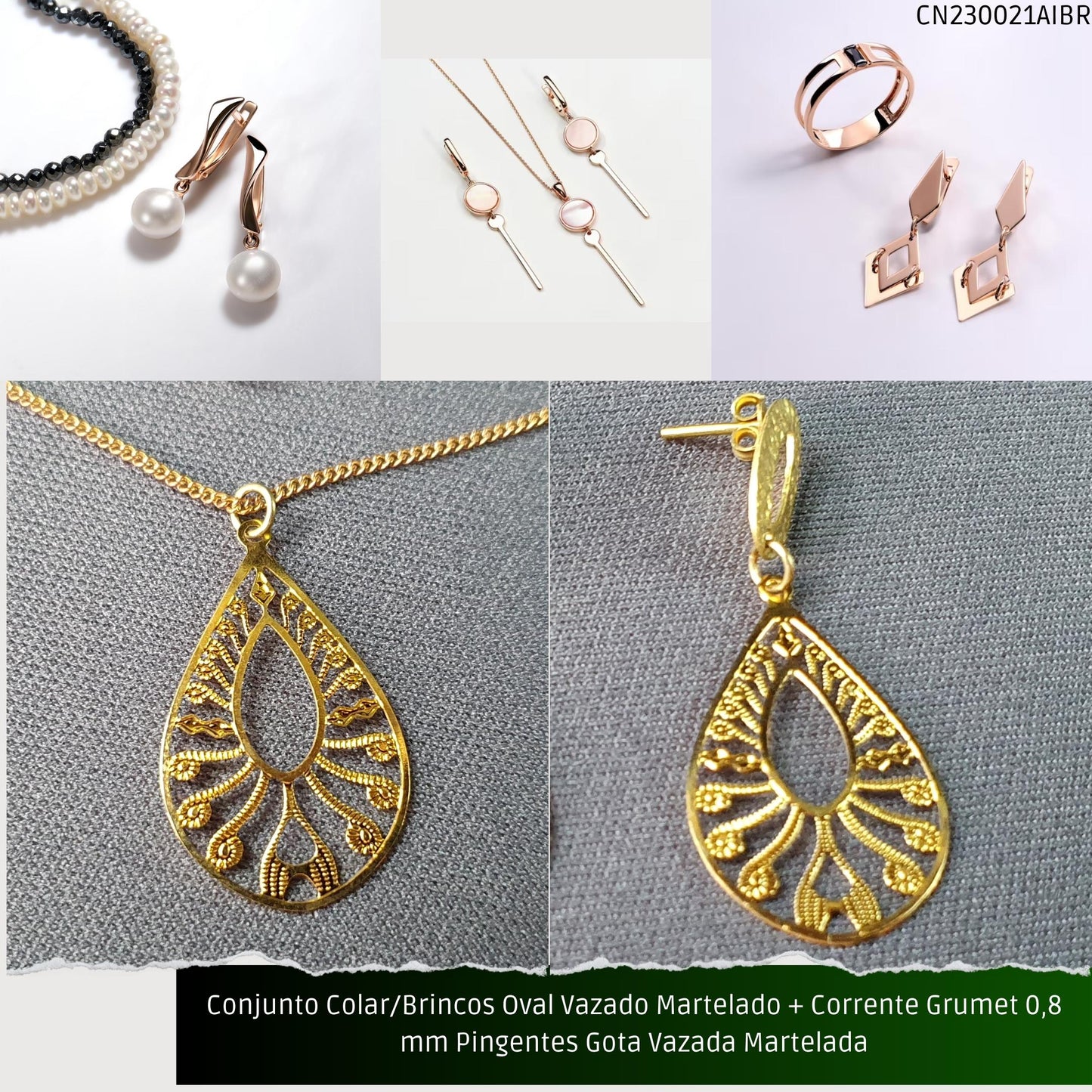 Conjunto Colar/Brincos Oval Vazado Martelado + Corrente Grumet 0.8 mm Pingentes Gota Vazada Martelada  - Código.: CN230021AIBR  - Peso.: 4.3 gr