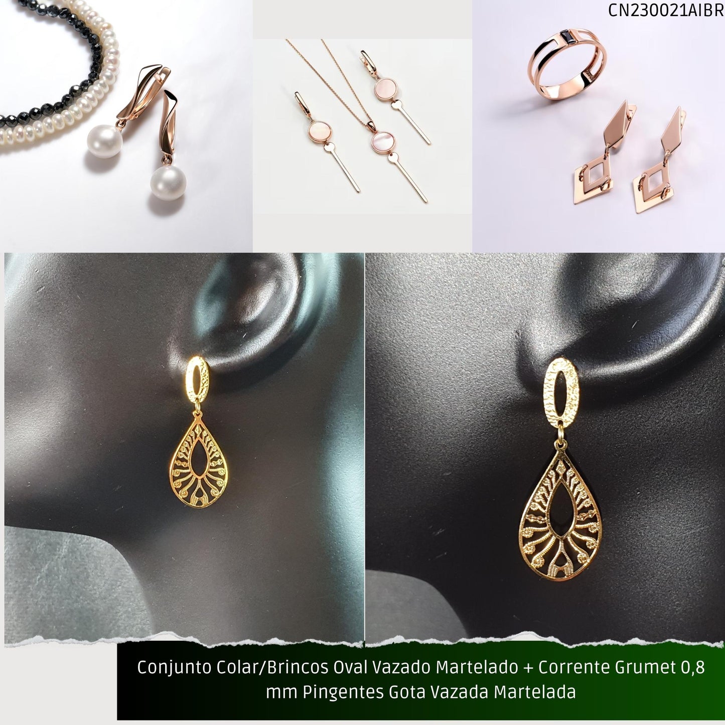Conjunto Colar/Brincos Oval Vazado Martelado + Corrente Grumet 0.8 mm Pingentes Gota Vazada Martelada  - Código.: CN230021AIBR  - Peso.: 4.3 gr