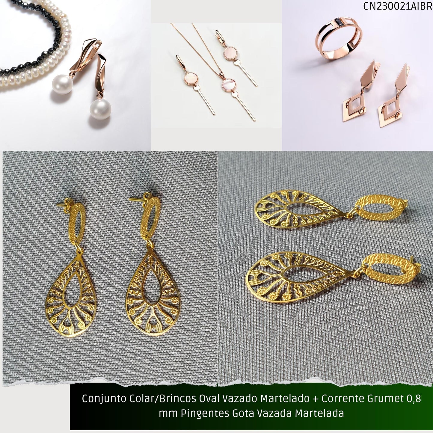 Conjunto Colar/Brincos Oval Vazado Martelado + Corrente Grumet 0.8 mm Pingentes Gota Vazada Martelada  - Código.: CN230021AIBR  - Peso.: 4.3 gr