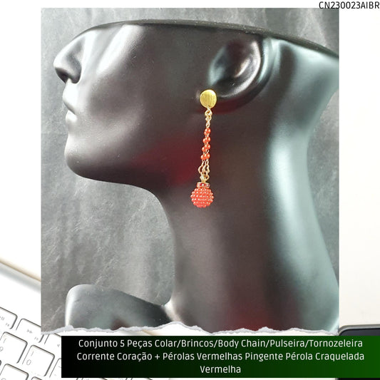Conjunto 5 Peças Colar/Brincos/Body Chain/Pulseira/Tornozeleira Corrente Coração + Pérolas Vermelhas Pingente Pérola Craquelada Vermelha  - Código.: CN230023AIBR  - Peso.: 30.2 gr