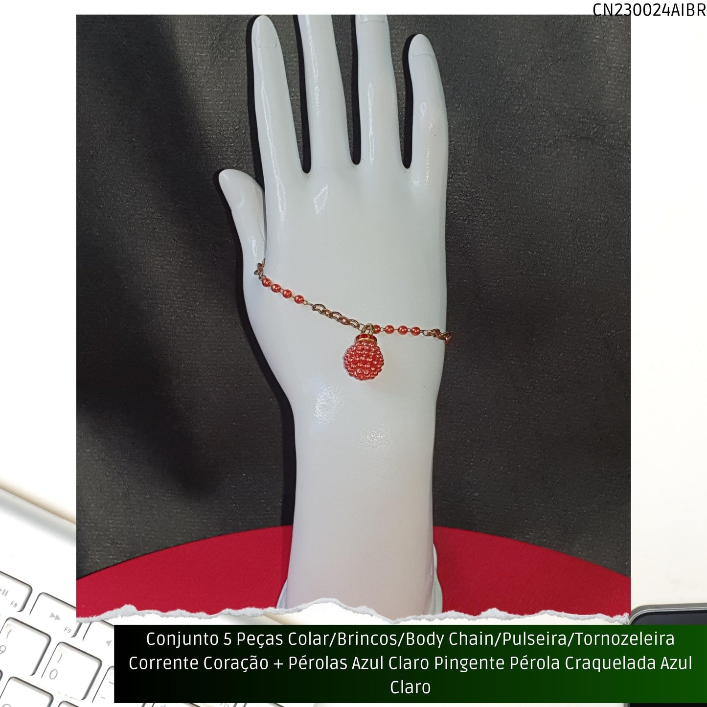 Conjunto 5 Peças Colar/Brincos/Body Chain/Pulseira/Tornozeleira Corrente Coração + Pérolas Verde Água Pingente Pérola Craquelada Verde Água  - Código.: CN230024AIBR  - Peso.: 30.2 gr