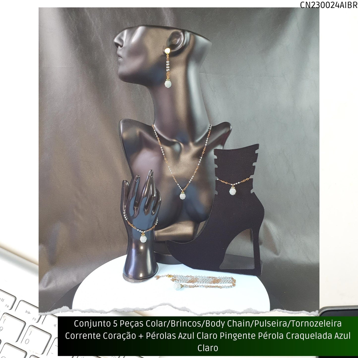 Conjunto 5 Peças Colar/Brincos/Body Chain/Pulseira/Tornozeleira Corrente Coração + Pérolas Verde Água Pingente Pérola Craquelada Verde Água  - Código.: CN230024AIBR  - Peso.: 30.2 gr