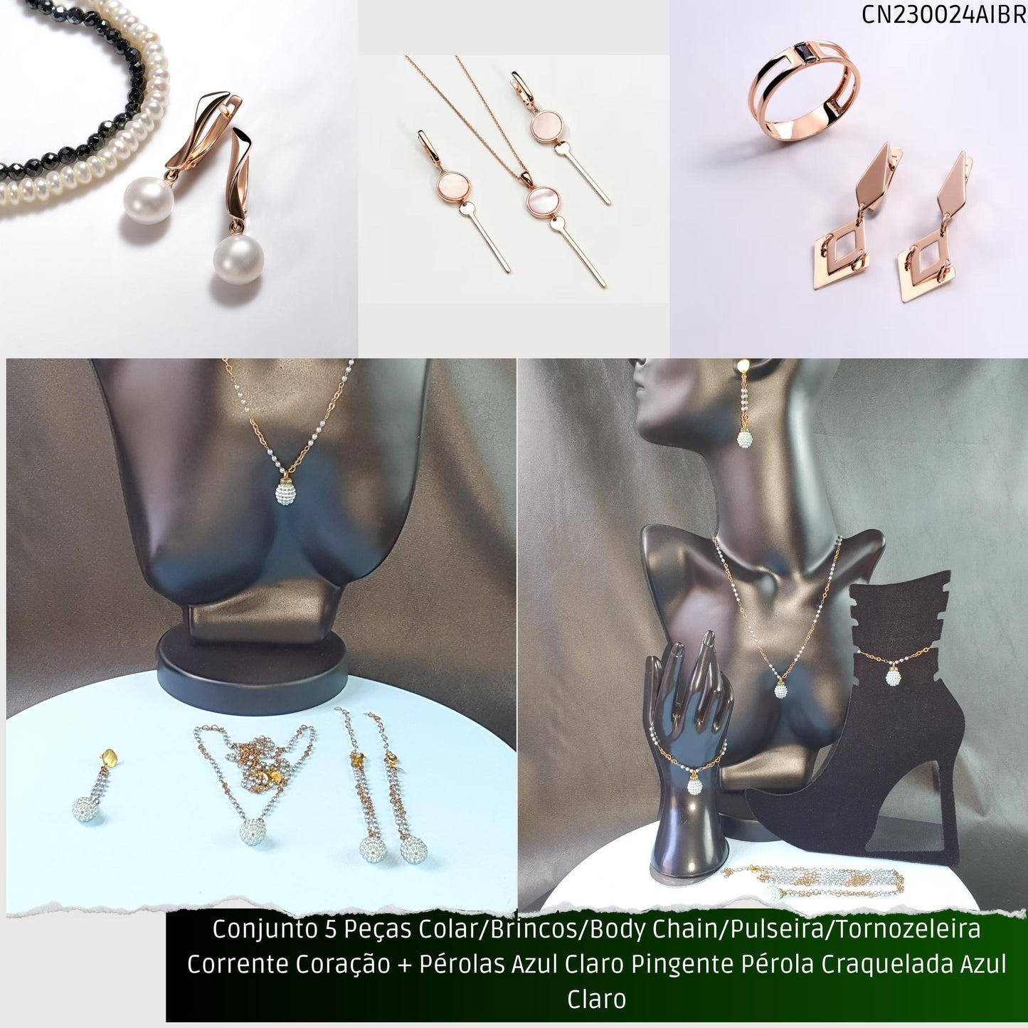 Conjunto 5 Peças Colar/Brincos/Body Chain/Pulseira/Tornozeleira Corrente Coração + Pérolas Verde Água Pingente Pérola Craquelada Verde Água  - Código.: CN230024AIBR  - Peso.: 30.2 gr