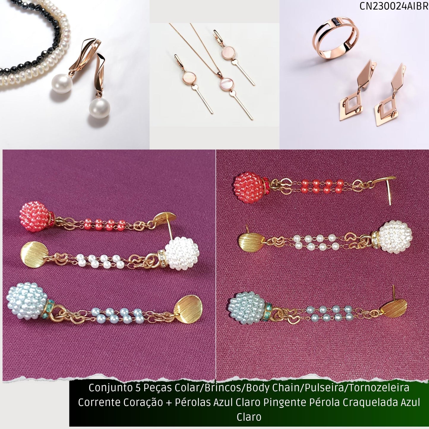 Conjunto 5 Peças Colar/Brincos/Body Chain/Pulseira/Tornozeleira Corrente Coração + Pérolas Verde Água Pingente Pérola Craquelada Verde Água  - Código.: CN230024AIBR  - Peso.: 30.2 gr