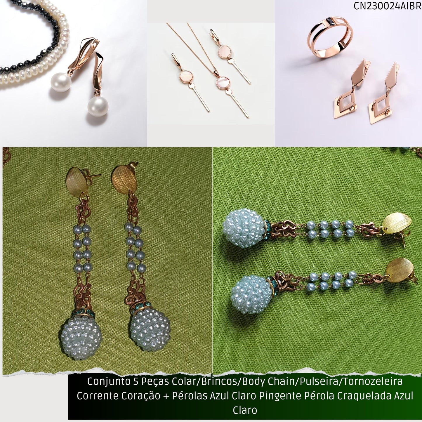Conjunto 5 Peças Colar/Brincos/Body Chain/Pulseira/Tornozeleira Corrente Coração + Pérolas Verde Água Pingente Pérola Craquelada Verde Água  - Código.: CN230024AIBR  - Peso.: 30.2 gr