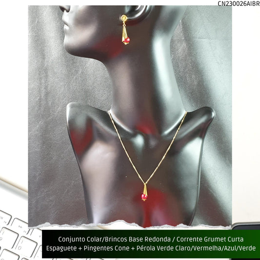 Conjunto Colar/Brincos Base Redonda / Corrente Grumet Curta Espaguete + Pingentes Cone + Pérola Vermelha/Azul/Verde Claro ou Verde Escuro  - Código.: CN230026AIBR  - Peso.: 6.8 gr