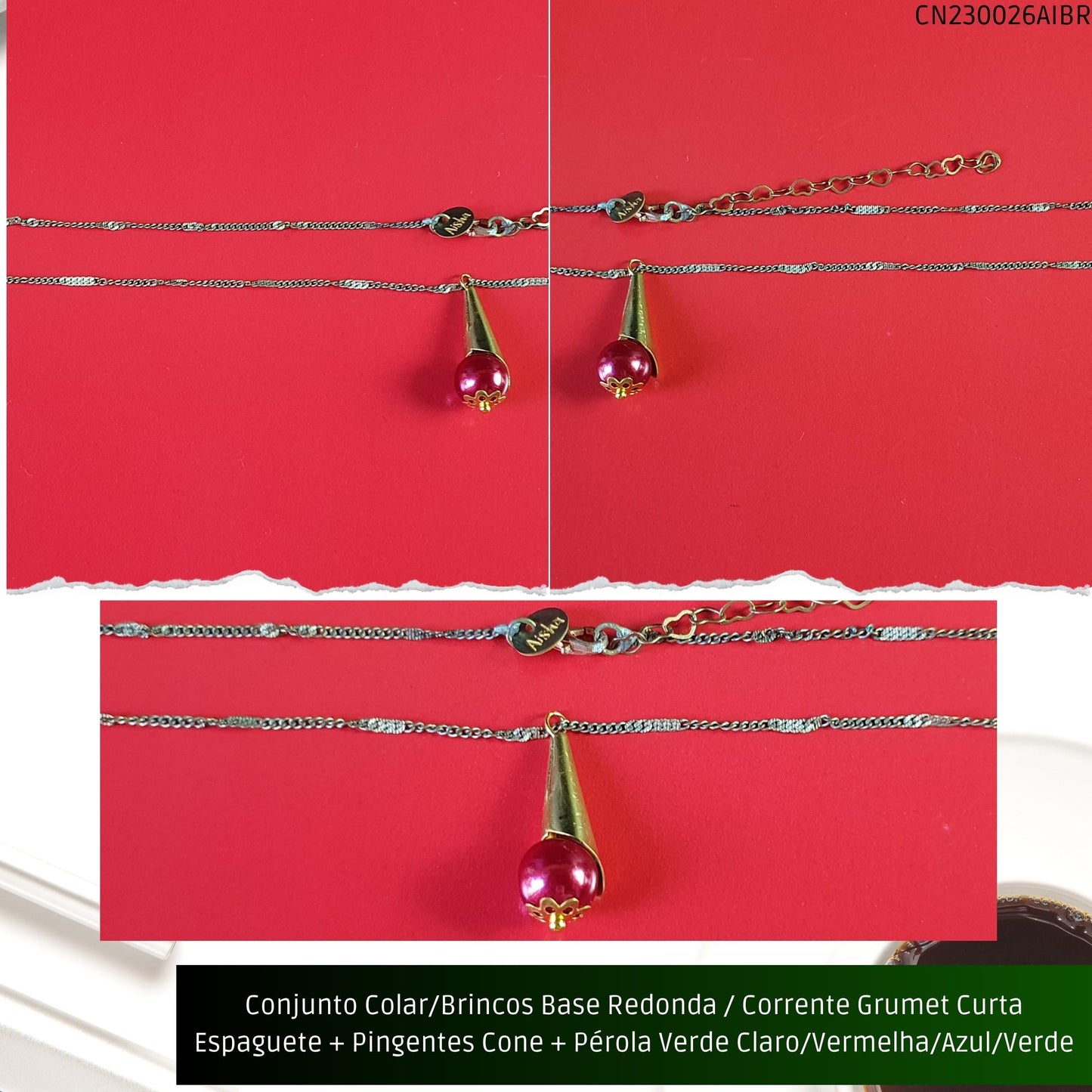 Conjunto Colar/Brincos Base Redonda / Corrente Grumet Curta Espaguete + Pingentes Cone + Pérola Vermelha/Azul/Verde Claro ou Verde Escuro  - Código.: CN230026AIBR  - Peso.: 6.8 gr