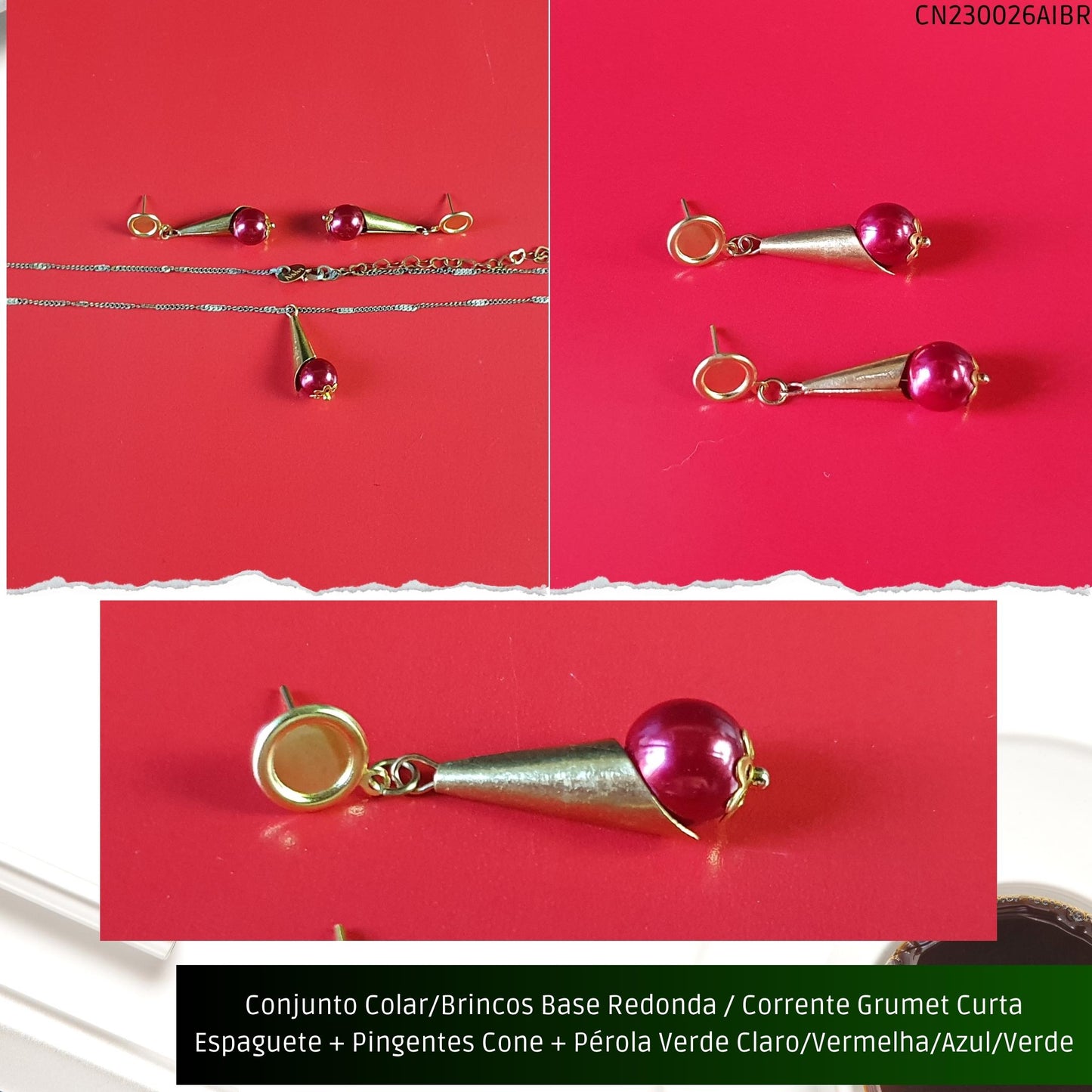Conjunto Colar/Brincos Base Redonda / Corrente Grumet Curta Espaguete + Pingentes Cone + Pérola Vermelha/Azul/Verde Claro ou Verde Escuro  - Código.: CN230026AIBR  - Peso.: 6.8 gr