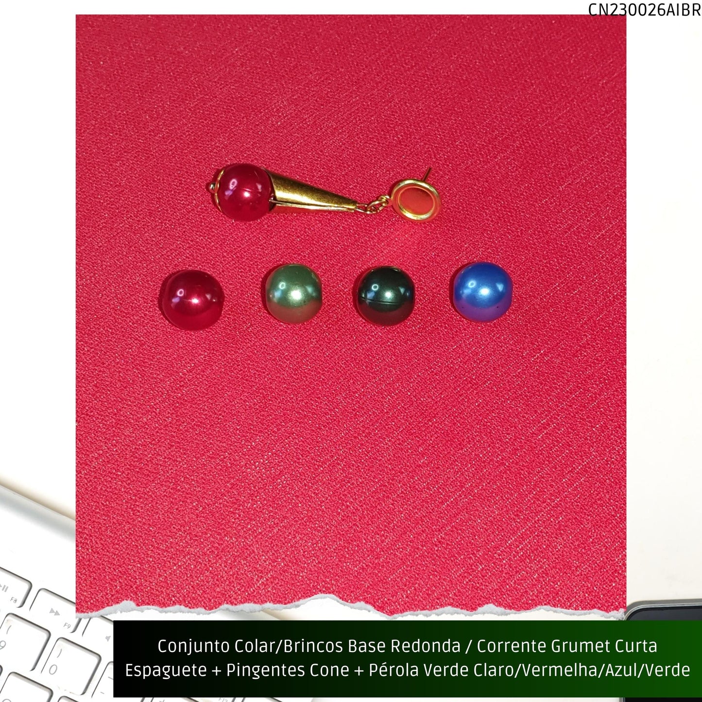 Conjunto Colar/Brincos Base Redonda / Corrente Grumet Curta Espaguete + Pingentes Cone + Pérola Vermelha/Azul/Verde Claro ou Verde Escuro  - Código.: CN230026AIBR  - Peso.: 6.8 gr