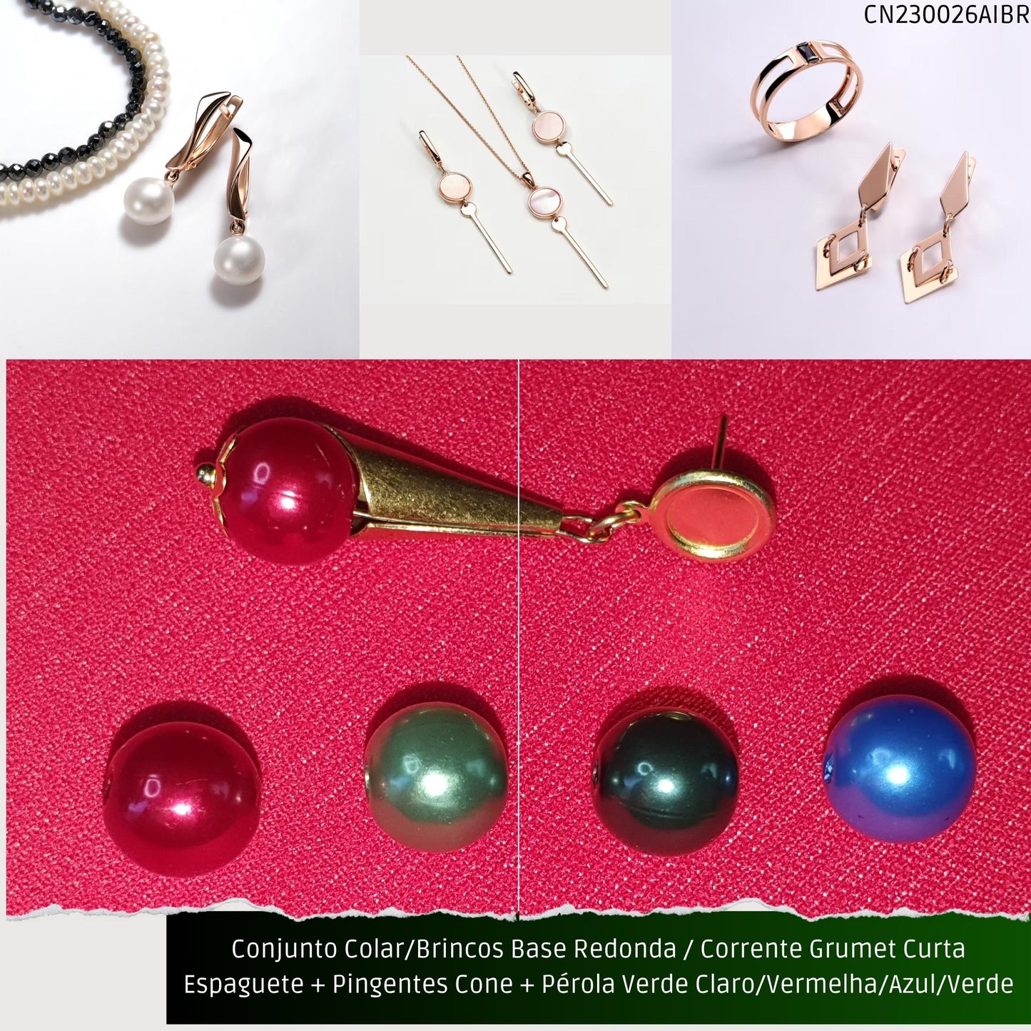 Conjunto Colar/Brincos Base Redonda / Corrente Grumet Curta Espaguete + Pingentes Cone + Pérola Vermelha/Azul/Verde Claro ou Verde Escuro  - Código.: CN230026AIBR  - Peso.: 6.8 gr