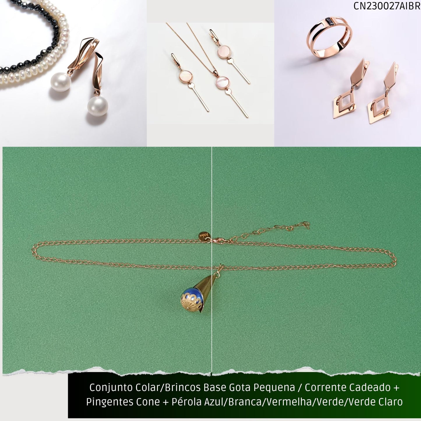 Conjunto Colar/Brincos Base Gota Pequena / Corrente Cadeado + Pingentes Cone + Pérolas Azul/Branca/Verde/Vermelha ou Verde Claro  - Código.: CN230027AIBR  - Peso.: 13.5 gr