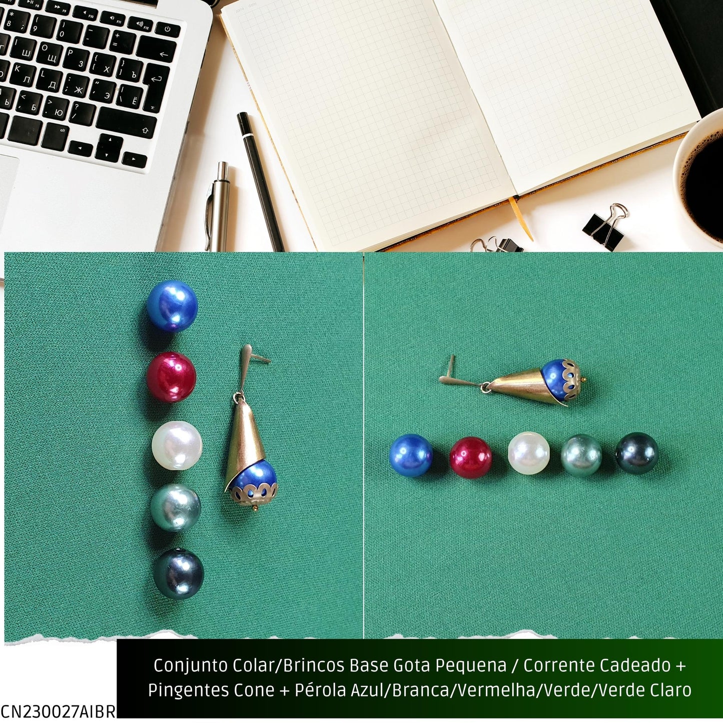 Conjunto Colar/Brincos Base Gota Pequena / Corrente Cadeado + Pingentes Cone + Pérolas Azul/Branca/Verde/Vermelha ou Verde Claro  - Código.: CN230027AIBR  - Peso.: 13.5 gr