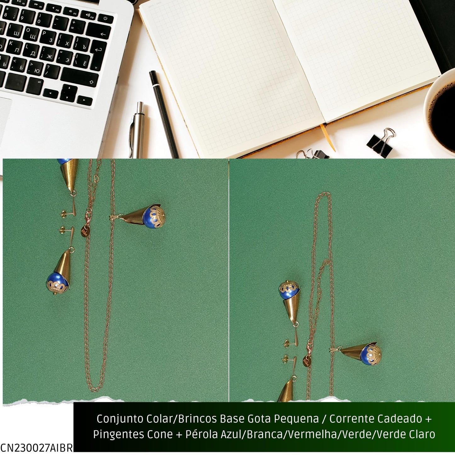 Conjunto Colar/Brincos Base Gota Pequena / Corrente Cadeado + Pingentes Cone + Pérolas Azul/Branca/Verde/Vermelha ou Verde Claro  - Código.: CN230027AIBR  - Peso.: 13.5 gr