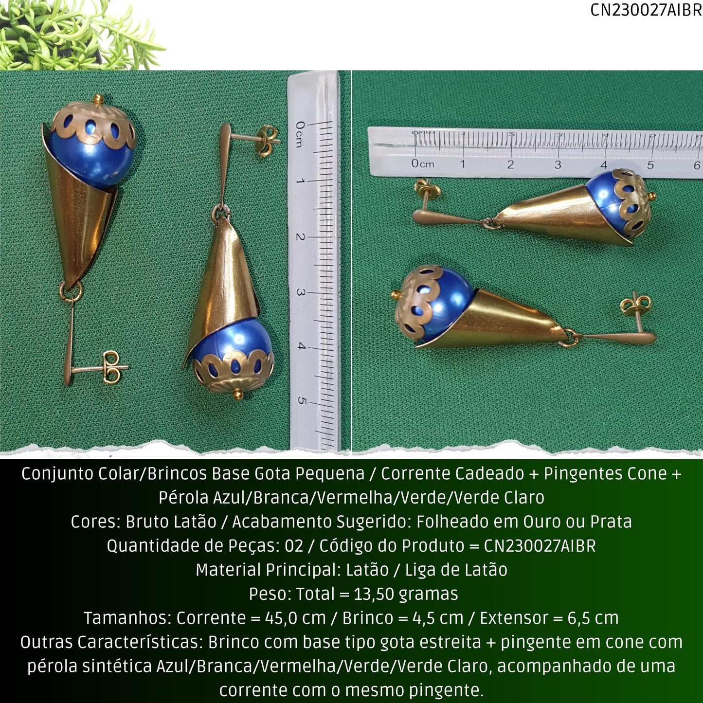 Conjunto Colar/Brincos Base Gota Pequena / Corrente Cadeado + Pingentes Cone + Pérolas Azul/Branca/Verde/Vermelha ou Verde Claro  - Código.: CN230027AIBR  - Peso.: 13.5 gr