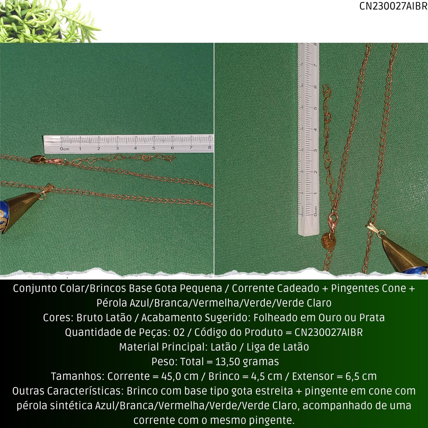 Conjunto Colar/Brincos Base Gota Pequena / Corrente Cadeado + Pingentes Cone + Pérolas Azul/Branca/Verde/Vermelha ou Verde Claro  - Código.: CN230027AIBR  - Peso.: 13.5 gr