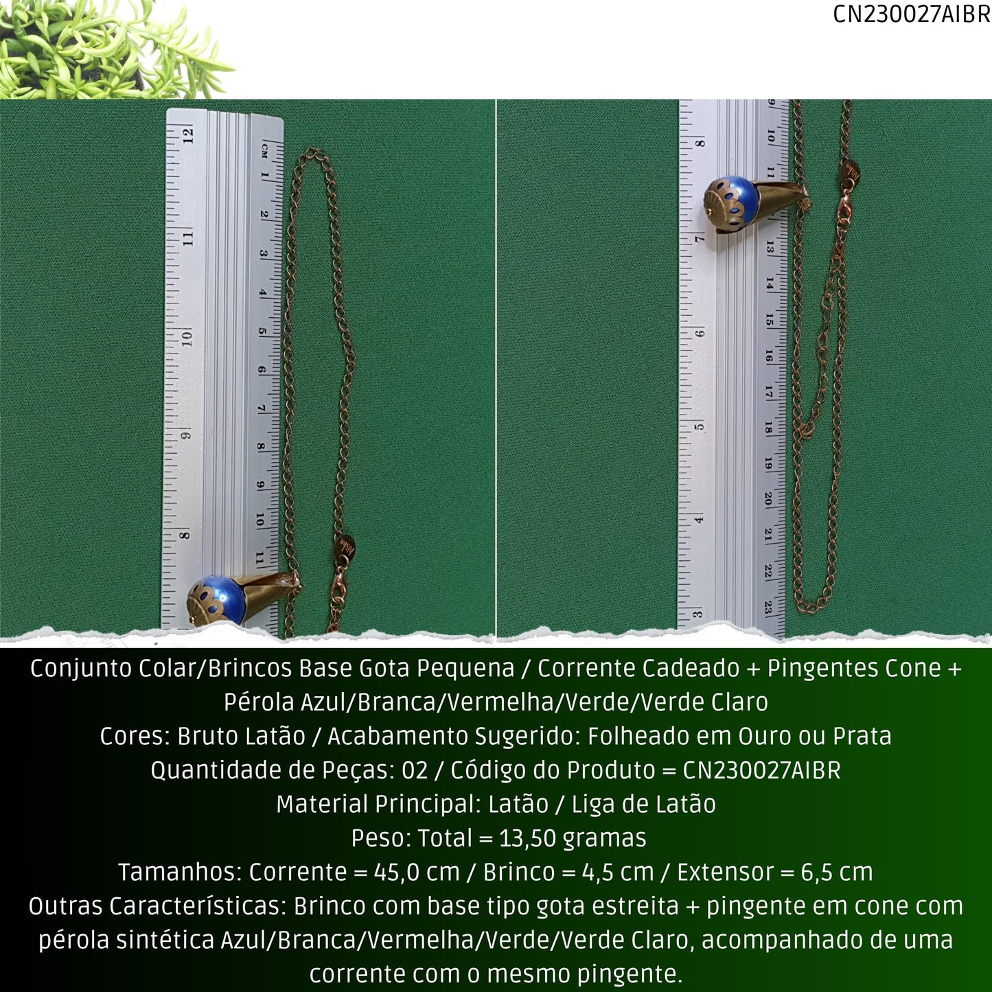 Conjunto Colar/Brincos Base Gota Pequena / Corrente Cadeado + Pingentes Cone + Pérolas Azul/Branca/Verde/Vermelha ou Verde Claro  - Código.: CN230027AIBR  - Peso.: 13.5 gr