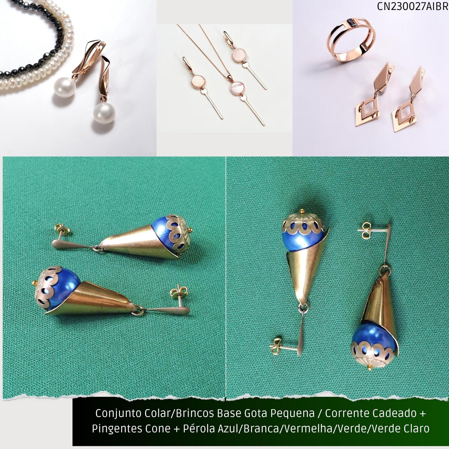 Conjunto Colar/Brincos Base Gota Pequena / Corrente Cadeado + Pingentes Cone + Pérolas Azul/Branca/Verde/Vermelha ou Verde Claro  - Código.: CN230027AIBR  - Peso.: 13.5 gr