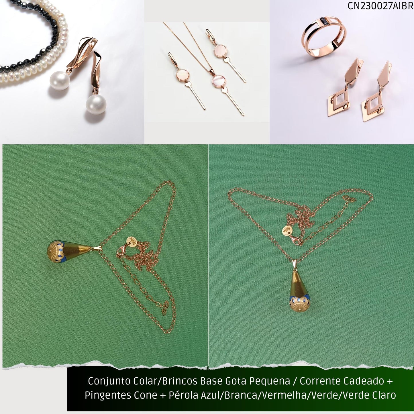 Conjunto Colar/Brincos Base Gota Pequena / Corrente Cadeado + Pingentes Cone + Pérolas Azul/Branca/Verde/Vermelha ou Verde Claro  - Código.: CN230027AIBR  - Peso.: 13.5 gr