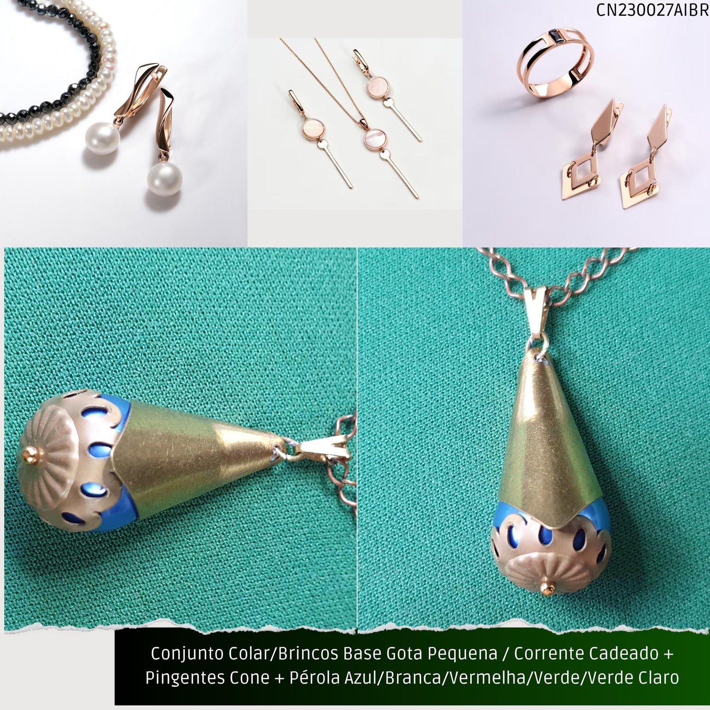 Conjunto Colar/Brincos Base Gota Pequena / Corrente Cadeado + Pingentes Cone + Pérolas Azul/Branca/Verde/Vermelha ou Verde Claro  - Código.: CN230027AIBR  - Peso.: 13.5 gr