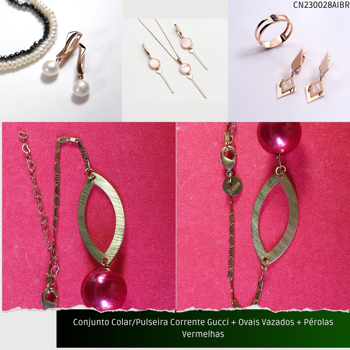 Conjunto Colar/Pulseira Corrente Gucci + Ovais Vazados + Pérolas Vermelhas  - Código.: CN230028AIBR  - Peso.: 16.7 gr