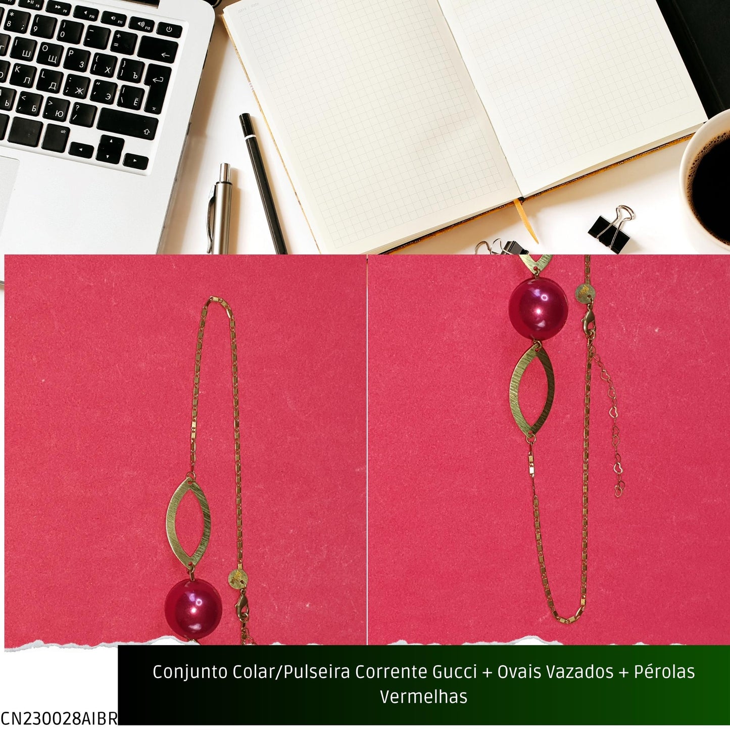 Conjunto Colar/Pulseira Corrente Gucci + Ovais Vazados + Pérolas Vermelhas  - Código.: CN230028AIBR  - Peso.: 16.7 gr
