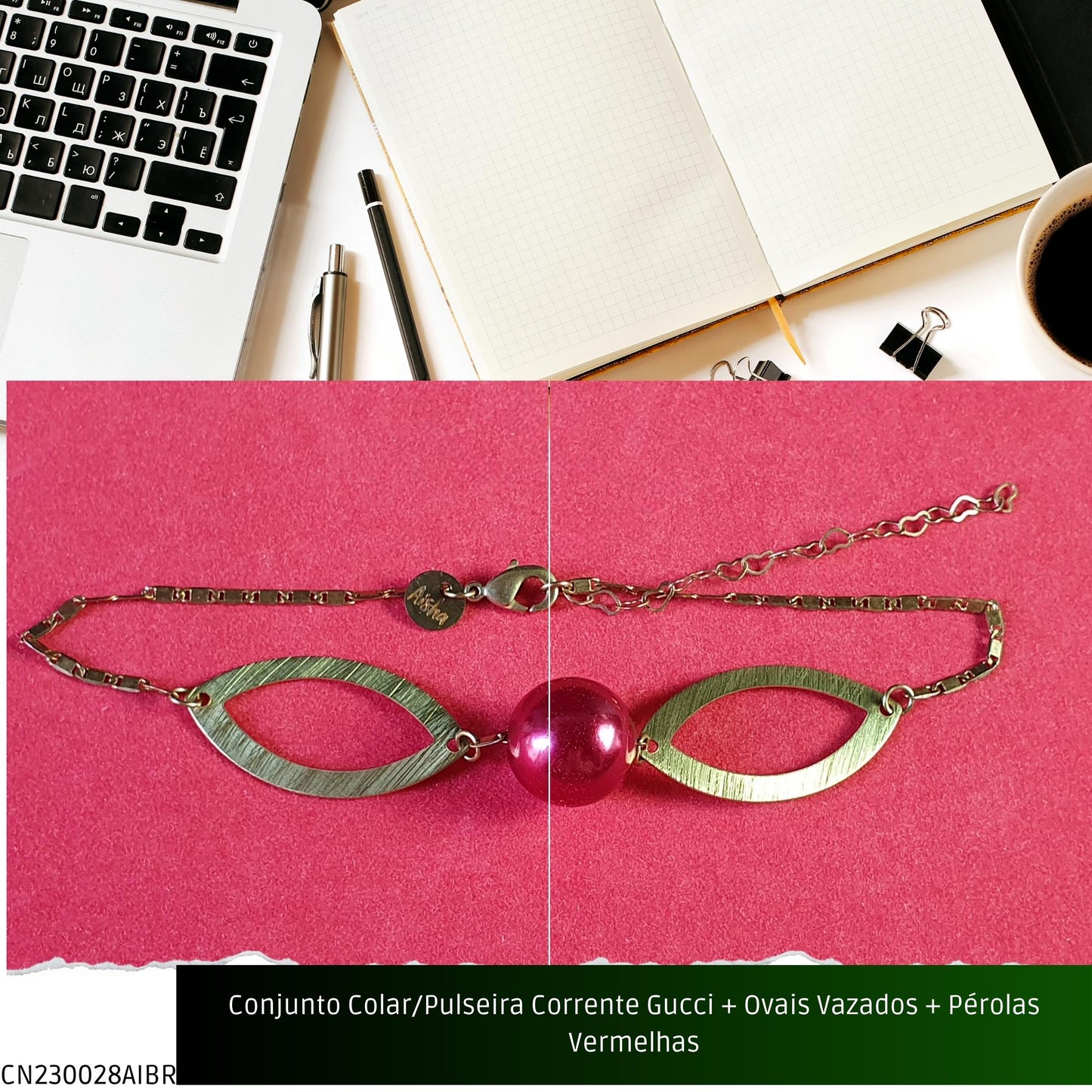 Conjunto Colar/Pulseira Corrente Gucci + Ovais Vazados + Pérolas Vermelhas  - Código.: CN230028AIBR  - Peso.: 16.7 gr