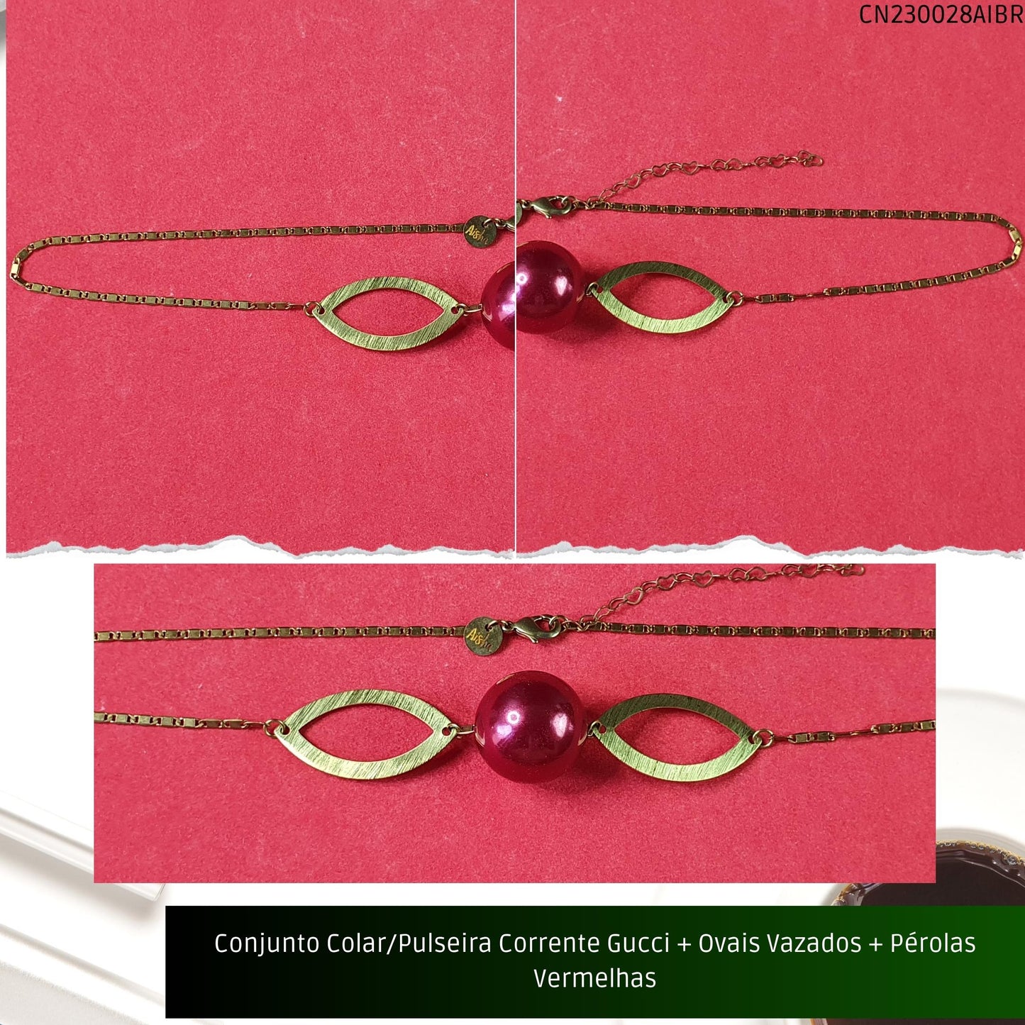 Conjunto Colar/Pulseira Corrente Gucci + Ovais Vazados + Pérolas Vermelhas  - Código.: CN230028AIBR  - Peso.: 16.7 gr