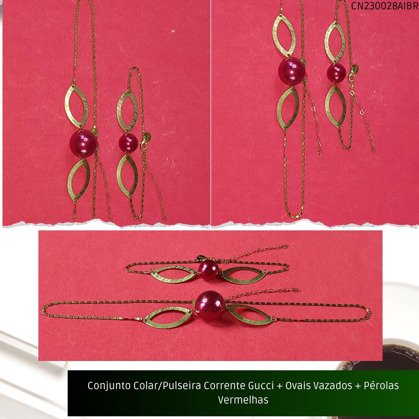 Conjunto Colar/Pulseira Corrente Gucci + Ovais Vazados + Pérolas Vermelhas  - Código.: CN230028AIBR  - Peso.: 16.7 gr