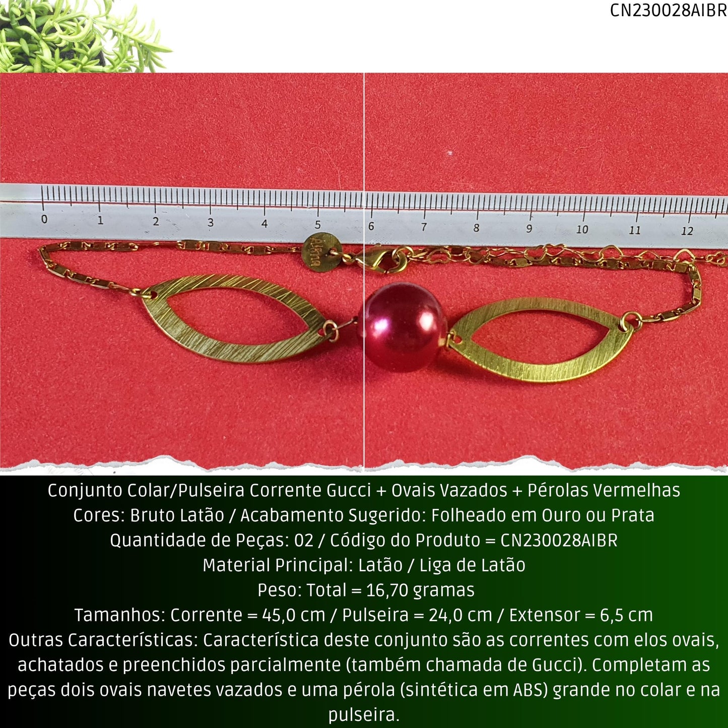Conjunto Colar/Pulseira Corrente Gucci + Ovais Vazados + Pérolas Vermelhas  - Código.: CN230028AIBR  - Peso.: 16.7 gr