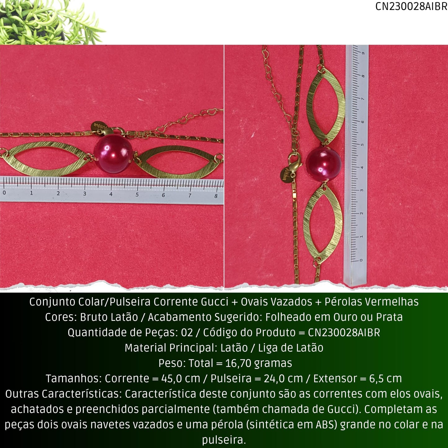 Conjunto Colar/Pulseira Corrente Gucci + Ovais Vazados + Pérolas Vermelhas  - Código.: CN230028AIBR  - Peso.: 16.7 gr