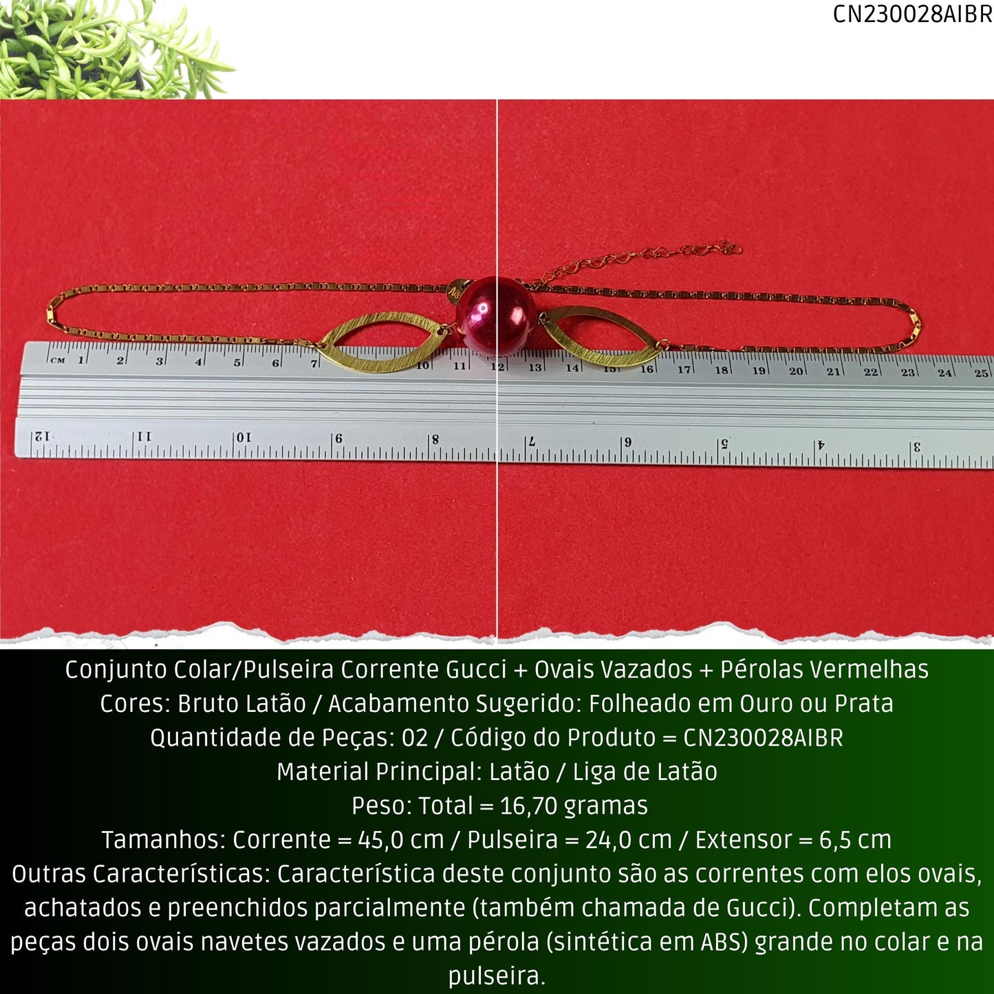 Conjunto Colar/Pulseira Corrente Gucci + Ovais Vazados + Pérolas Vermelhas  - Código.: CN230028AIBR  - Peso.: 16.7 gr