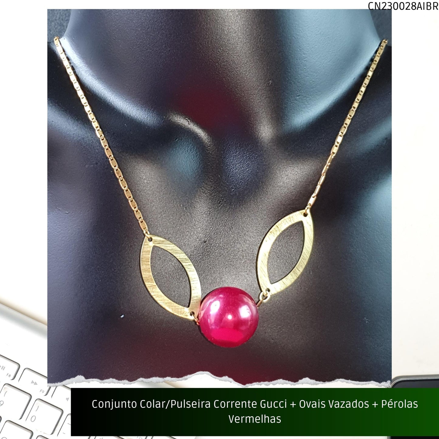 Conjunto Colar/Pulseira Corrente Gucci + Ovais Vazados + Pérolas Vermelhas  - Código.: CN230028AIBR  - Peso.: 16.7 gr
