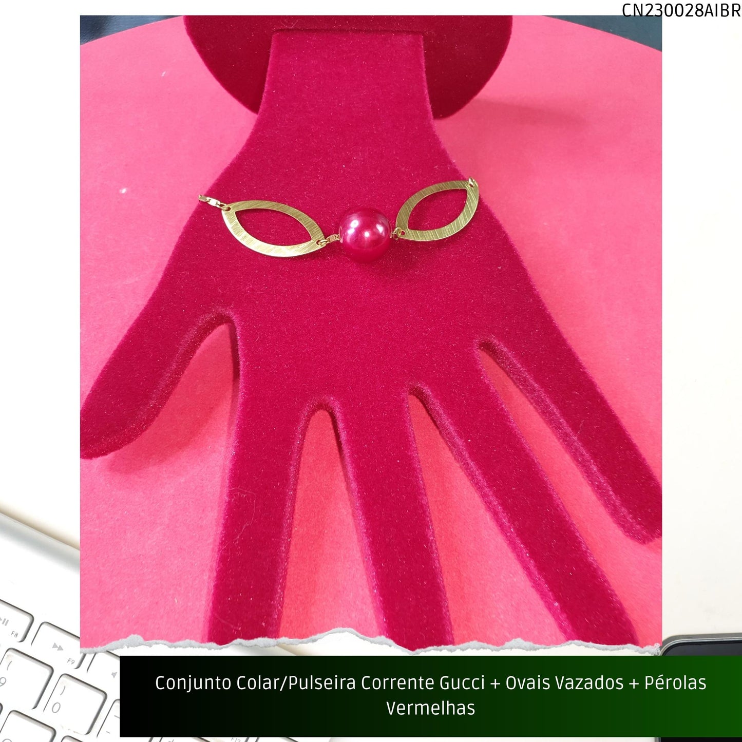 Conjunto Colar/Pulseira Corrente Gucci + Ovais Vazados + Pérolas Vermelhas  - Código.: CN230028AIBR  - Peso.: 16.7 gr