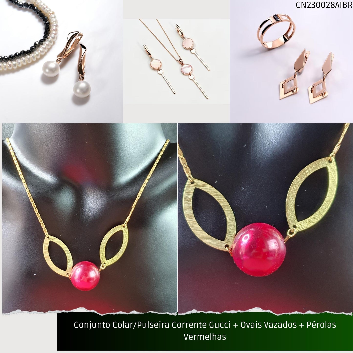 Conjunto Colar/Pulseira Corrente Gucci + Ovais Vazados + Pérolas Vermelhas  - Código.: CN230028AIBR  - Peso.: 16.7 gr