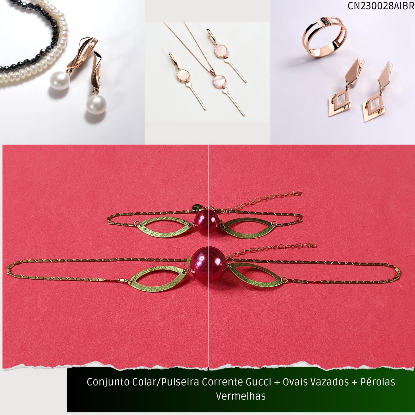 Conjunto Colar/Pulseira Corrente Gucci + Ovais Vazados + Pérolas Vermelhas  - Código.: CN230028AIBR  - Peso.: 16.7 gr