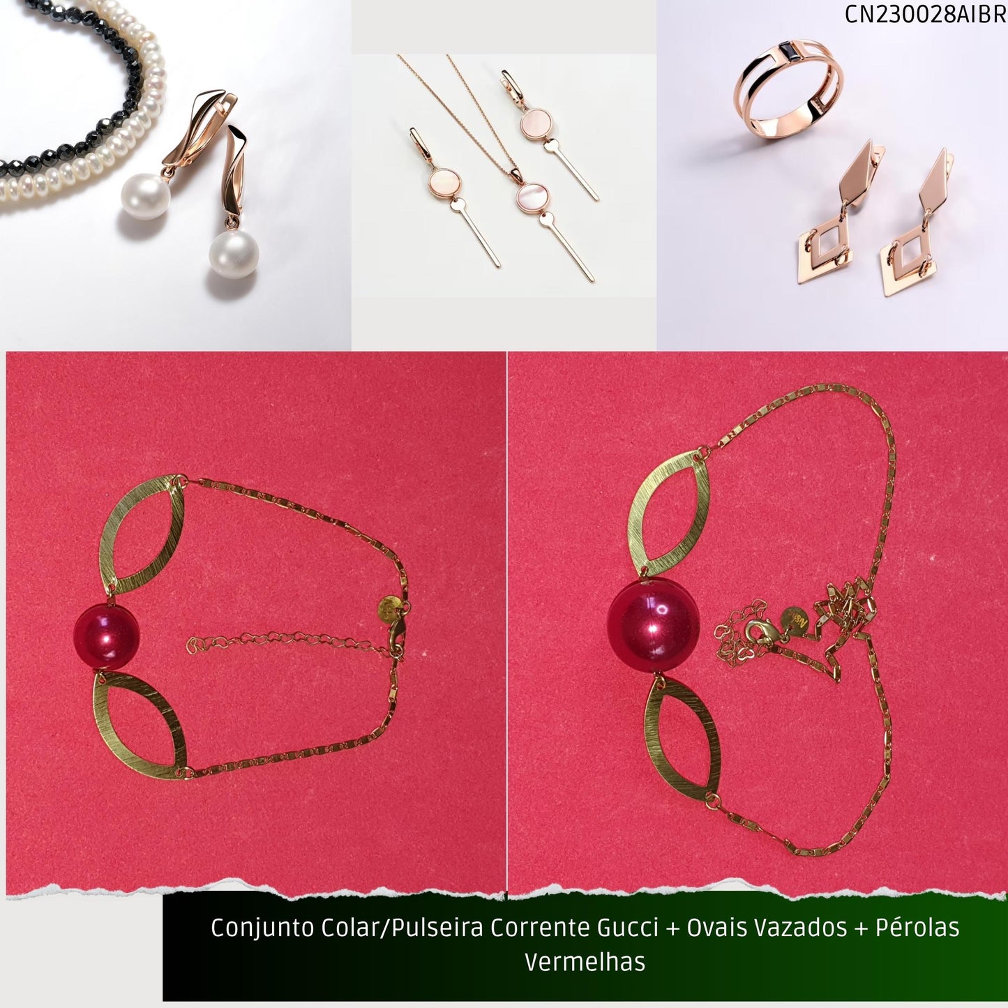 Conjunto Colar/Pulseira Corrente Gucci + Ovais Vazados + Pérolas Vermelhas  - Código.: CN230028AIBR  - Peso.: 16.7 gr