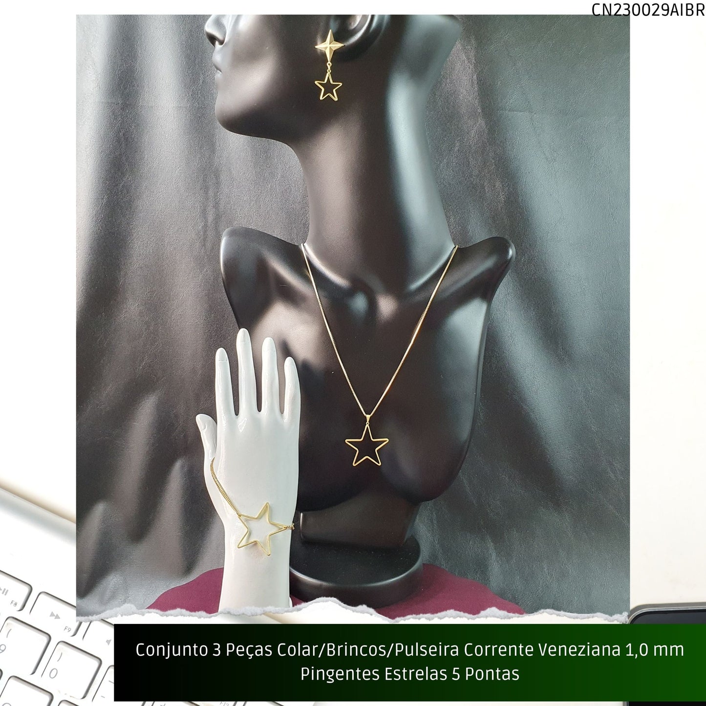 Conjunto 3 Peças Colar/Brincos/Pulseira Corrente Veneziana 1.0 mm Pingentes Estrelas 5 Pontas  - Código.: CN230029AIBR  - Peso.: 14.2 gr